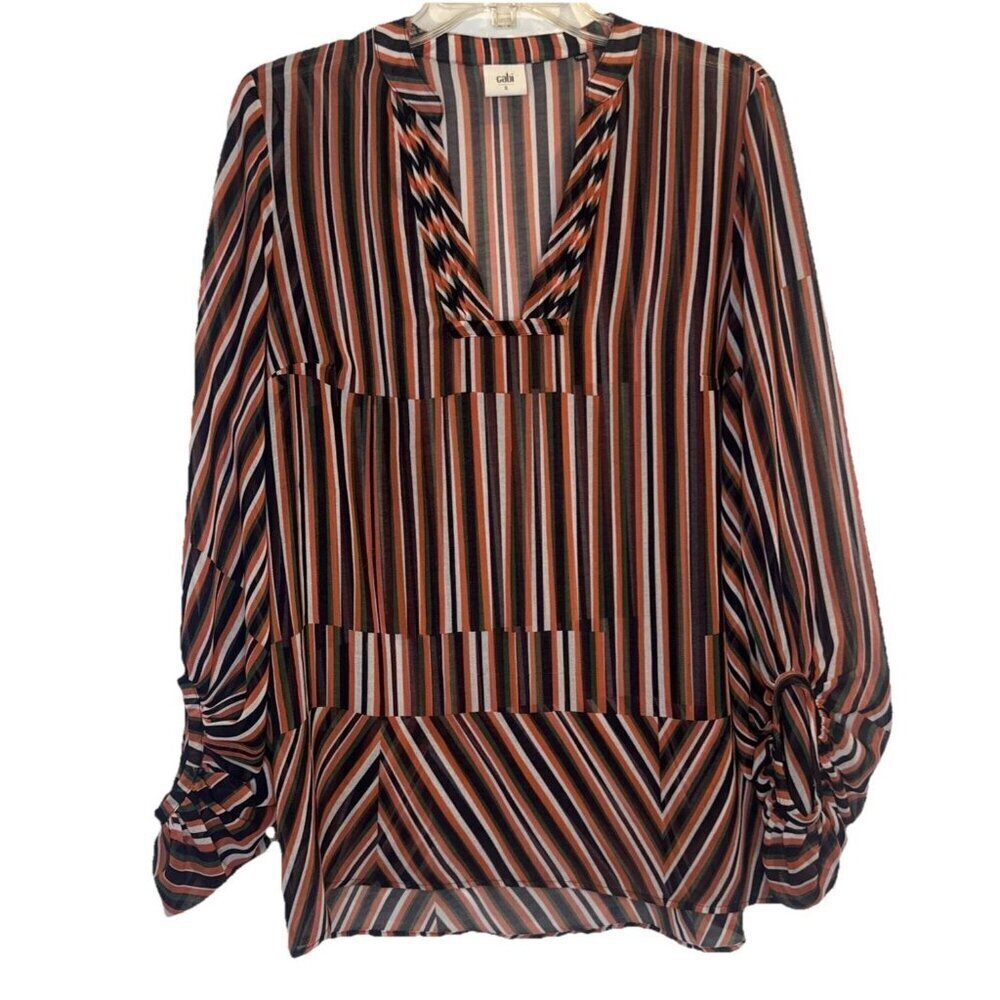 CAbi Women’s Colorful Striped Sheer Balloon Sleeve Ultimate Blouse Top Sz S
